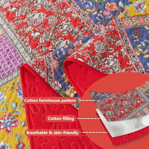 BEDIFANY Cotton King Quilt Set - Vintage Farmhouse Bedspread with Vibrant Floral Pattern, 3-Piece Lightweight Coverlet (98x106 Inch) + 2 Pillow Shams, All Seasons Multicolor Quilt Bedding Set - Image 4