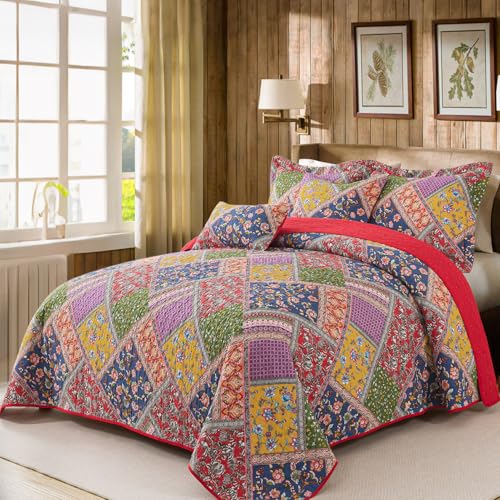 BEDIFANY Cotton King Quilt Set - Vintage Farmhouse Bedspread with Vibrant Floral Pattern, 3-Piece Lightweight Coverlet (98x106 Inch) + 2 Pillow Shams, All Seasons Multicolor Quilt Bedding Set - Image 2