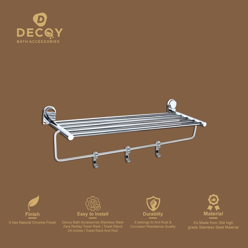 DDECOY Bath Accessories Stainless Steel Zara Redlay Towel Rack | Towel Stand | Towel Rack and Rod with Hanger and Hook | Stand Holder | Towel Holder Suitable for Home Hostel 24 Inches (600 MM) - Image 3