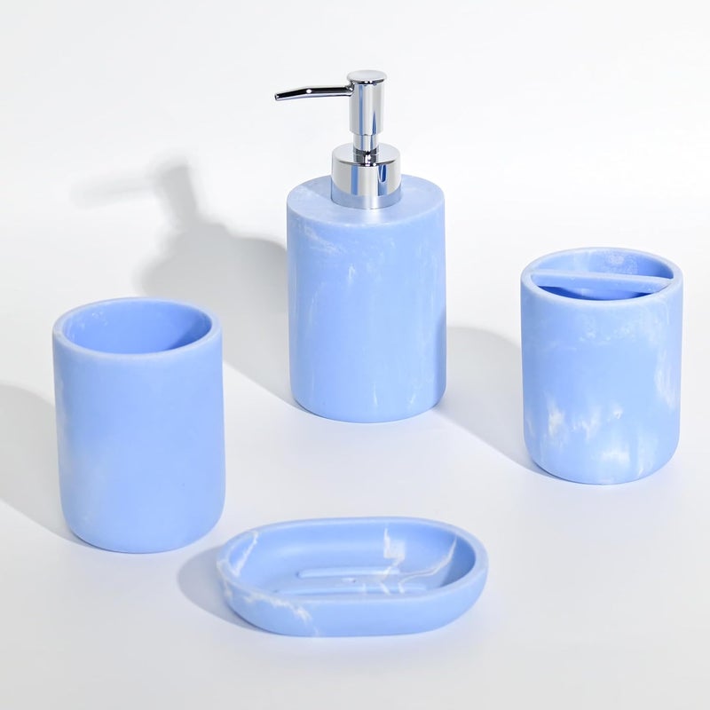 PLIO Bathroom Accessories Set of 4 Modern Bath Set with Liquid handwash Soap Dispenser and Toothbrush Holder Luxury Gift Accessory for Home BlueWhite