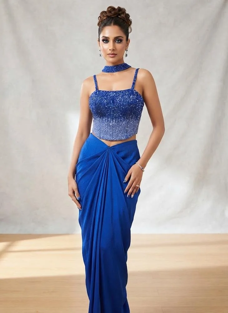 Viny VINY Blue Ombre Sequin Choker Neck Skirt Set – Women's Indian Ethnic Wear