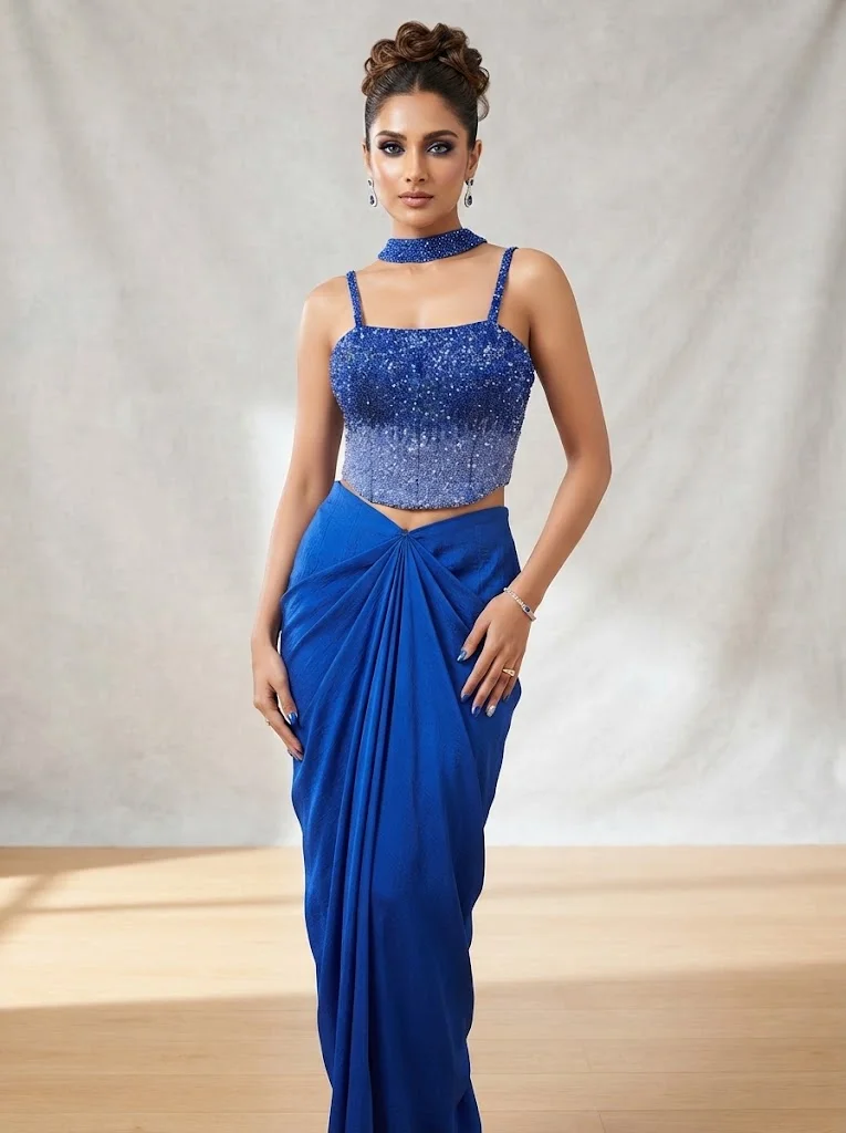 VINY Blue Ombre Sequin Choker Neck Skirt Set – Women's Indian Ethnic Wear