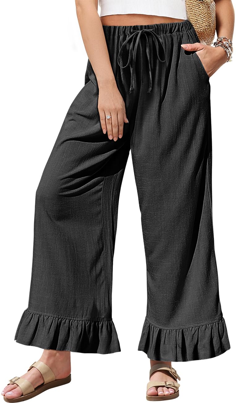 TARSE Womenâ€™s Wide Leg Linen Pants with Drawstring Waist and Ruffle Hem Casual Loose Fit Trousers for Daily Wear(Black,L) - Image 1