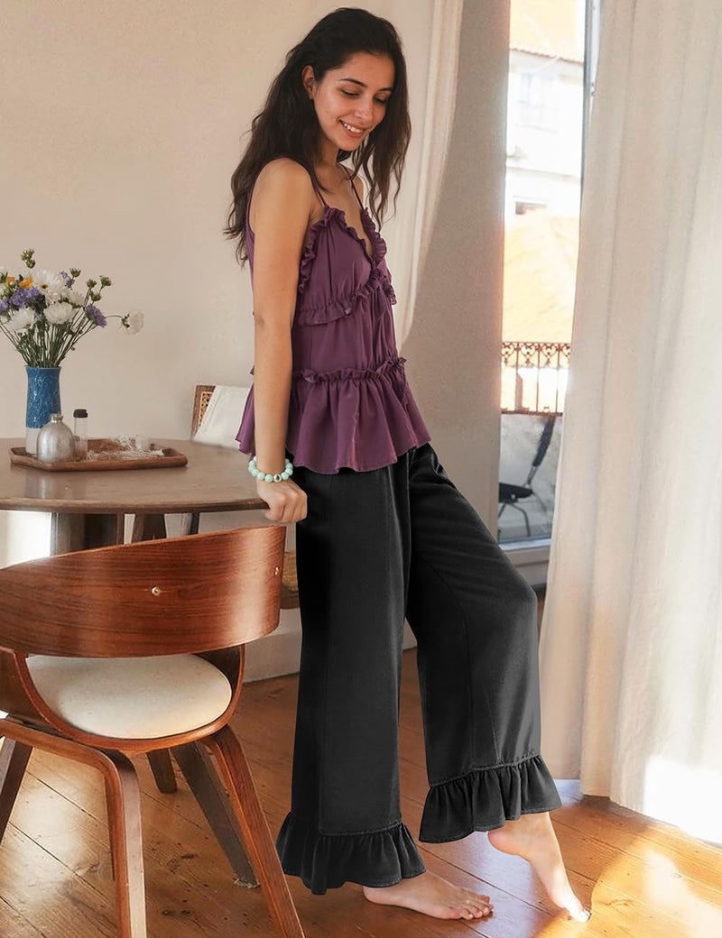 TARSE Womenâ€™s Wide Leg Linen Pants with Drawstring Waist and Ruffle Hem Casual Loose Fit Trousers for Daily Wear(Black,L) - Image 2