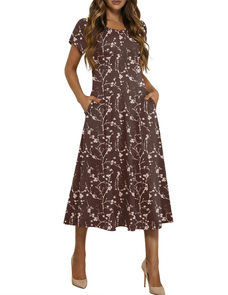 HOTOUCH Short Sleeve Dress for Women Cotton Sundresses 2026 Womens Summer Dresses Floral Vacation Dress Midi Fall Dresses, Brown Floral,L - Image 1