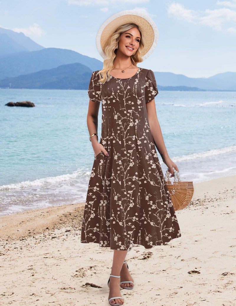 HOTOUCH Short Sleeve Dress for Women Cotton Sundresses 2026 Womens Summer Dresses Floral Vacation Dress Midi Fall Dresses, Brown Floral,L - Image 4