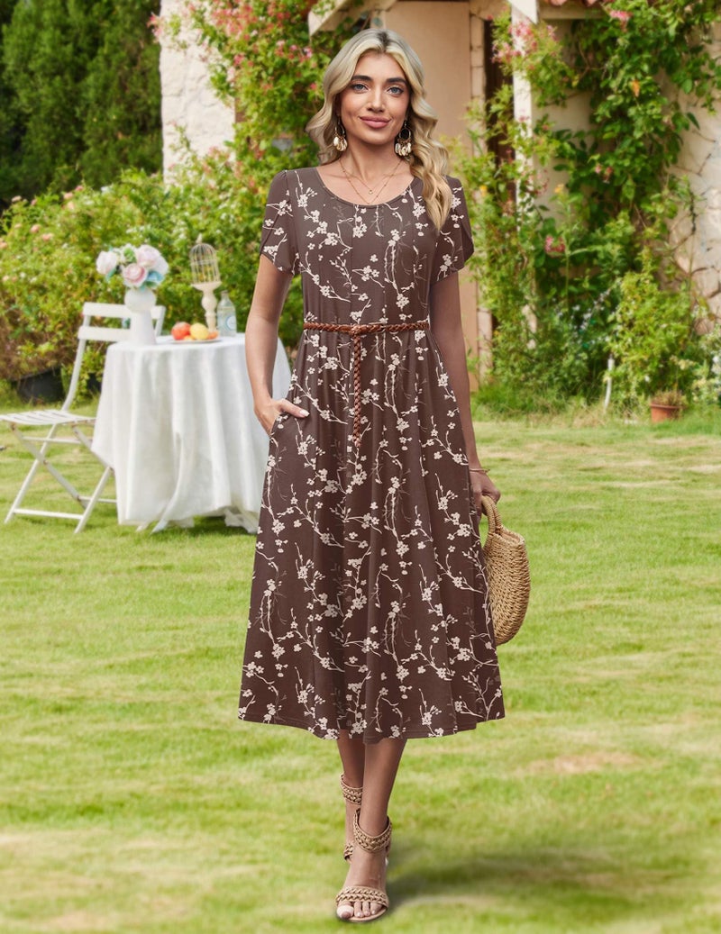 HOTOUCH Short Sleeve Dress for Women Cotton Sundresses 2026 Womens Summer Dresses Floral Vacation Dress Midi Fall Dresses, Brown Floral,L - Image 5