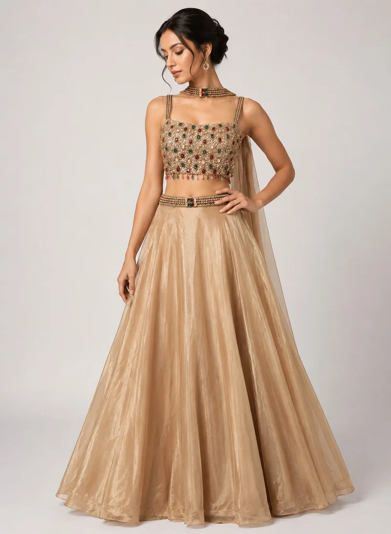Lehar Beige Multi-Stone Embroidered Lehenga Ensemble Set