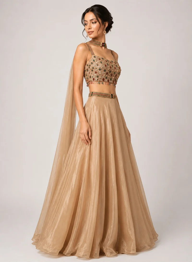 Lehar Beige Multi-Stone Embroidered Lehenga Ensemble Set