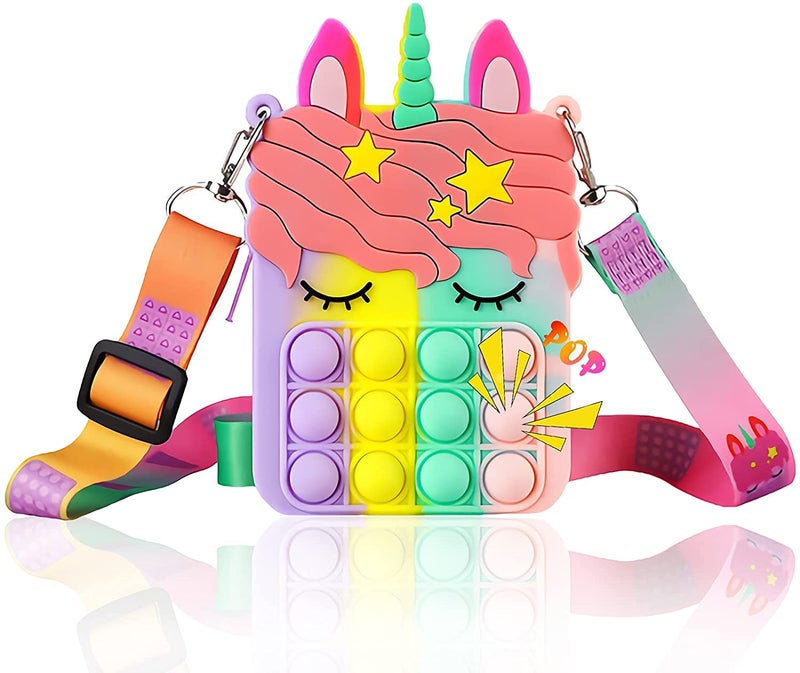 Tirdkid Valentines Day Gifts for Kids Pop Purse Rainbow Unicorn Purse Bag for Women Fashion Pop Purse Push Bubbles Fashion Fidgets Rainbow Unicorn Purse Wallet Ladies Bag Silica Dimple Crossbody Bags - Image 3