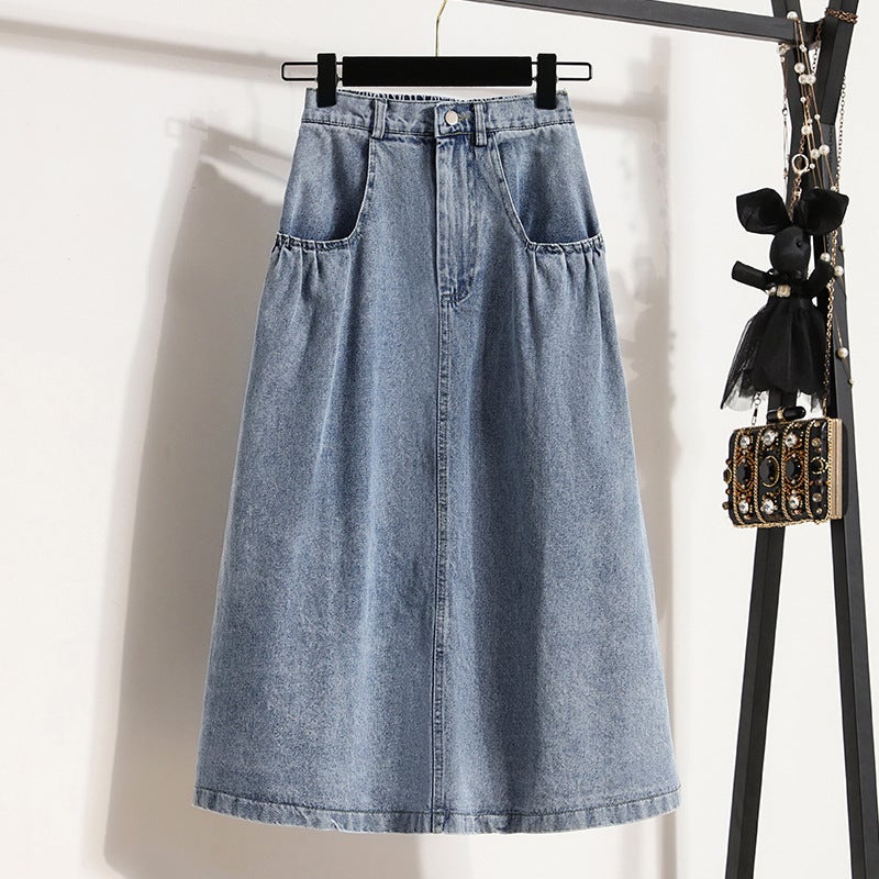 Real Shot plus size Hong Kong Style Niche Design Sense Casual Loosening High Waist A- Line Denim Washing Water Skirt Other Light blue