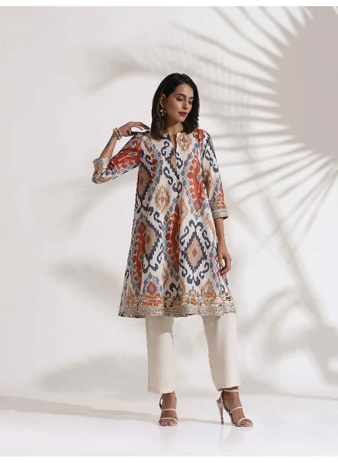 trueBrowns Off White Ikat Print Anarkali Kurta Co-ord Set