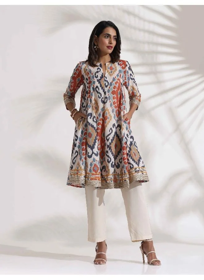 trueBrowns Off White Ikat Print Anarkali Kurta Co-ord Set