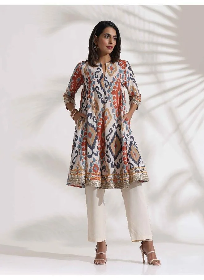 ترو برونز trueBrowns Off White Ikat Print Anarkali Kurta Co-ord Set