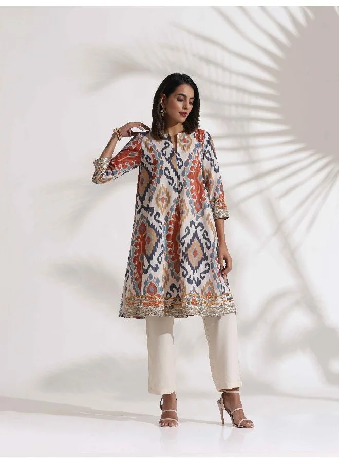 ترو برونز trueBrowns Off White Ikat Print Anarkali Kurta Co-ord Set