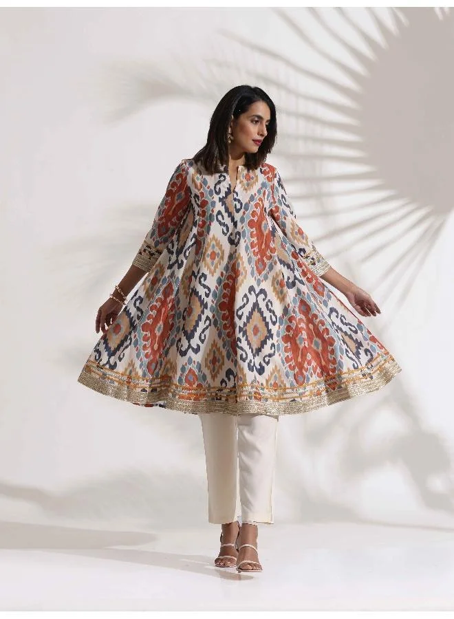 ترو برونز trueBrowns Off White Ikat Print Anarkali Kurta Co-ord Set