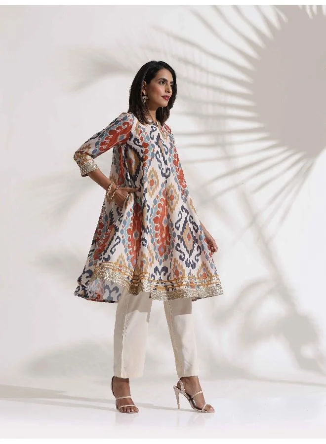 ترو برونز trueBrowns Off White Ikat Print Anarkali Kurta Co-ord Set