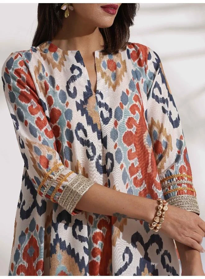 ترو برونز trueBrowns Off White Ikat Print Anarkali Kurta Co-ord Set