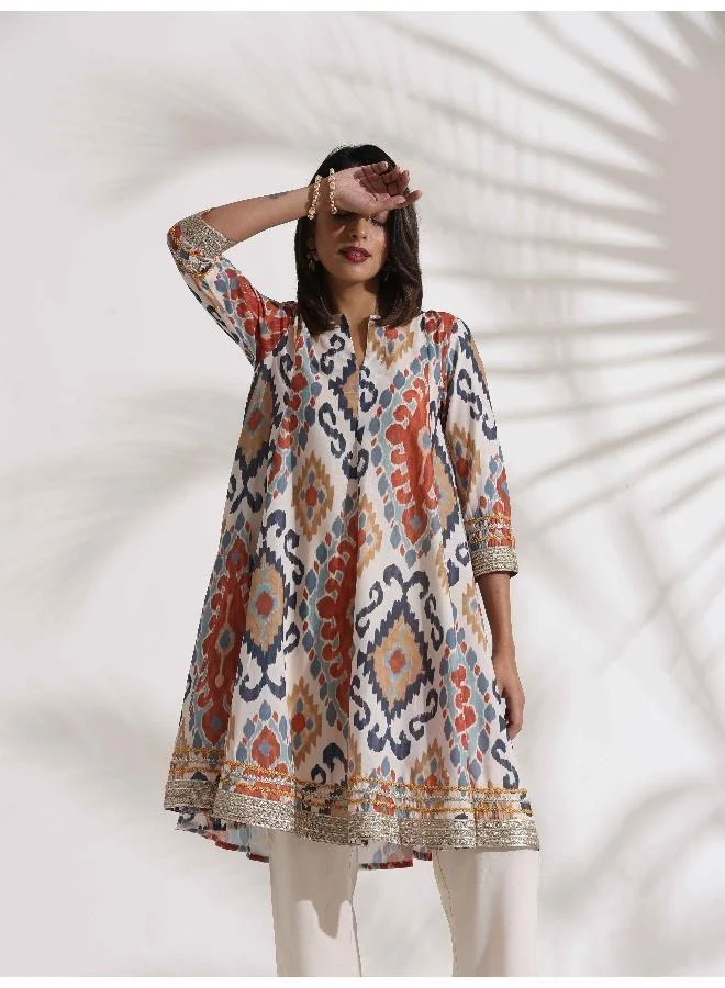 ترو برونز trueBrowns Off White Ikat Print Anarkali Kurta Co-ord Set