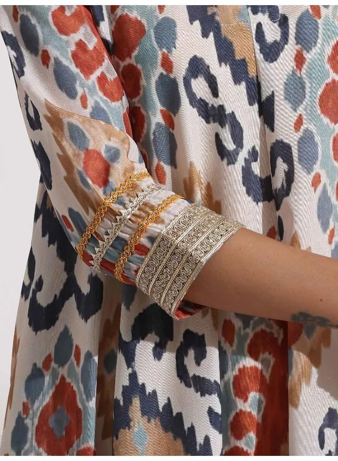 ترو برونز trueBrowns Off White Ikat Print Anarkali Kurta Co-ord Set
