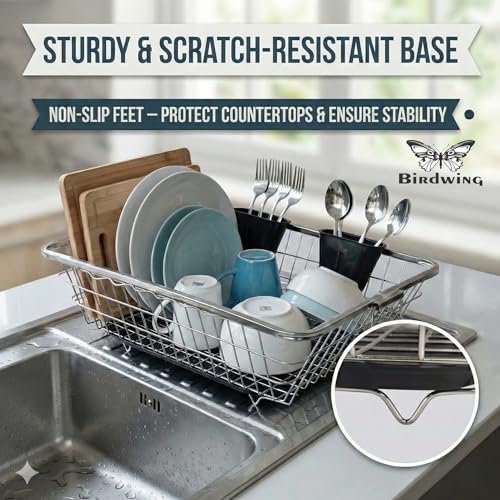 Birdwing Big Size Heavy Duty Stainless Steel Utensil Drying Stand Large Kitchen Dish Rack with Water Drain Tray, Countertop Plate Bowl Drainer Organizer Basket, 64*47*23 steel rack for kitchen utensil rack - Image 5
