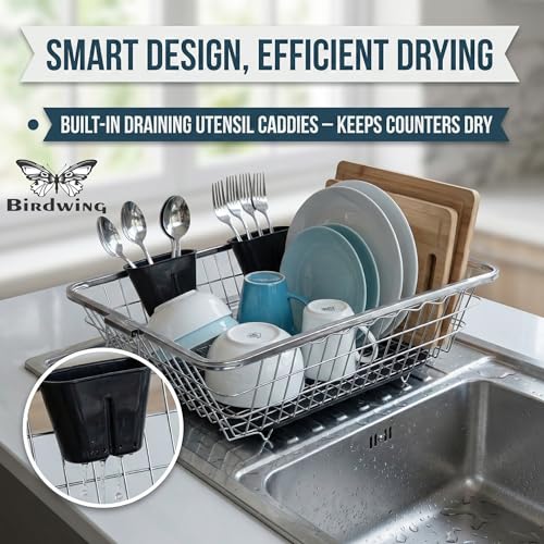 Birdwing Big Size Heavy Duty Stainless Steel Utensil Drying Stand Large Kitchen Dish Rack with Water Drain Tray, Countertop Plate Bowl Drainer Organizer Basket, 64*47*23 steel rack for kitchen utensil rack - Image 4