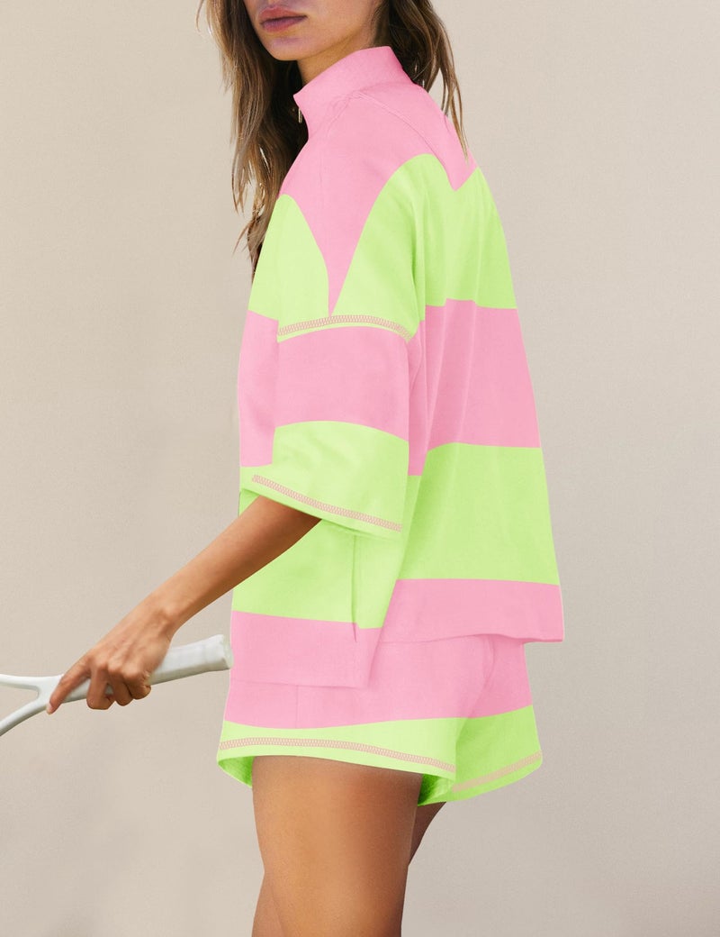 Panadila Women Striped Workout Set Two Piece Outfit Tracksuit Oversized Lounge Set Top and Shorts Sets with Pockets(Green Pink Combo,M) - Image 2