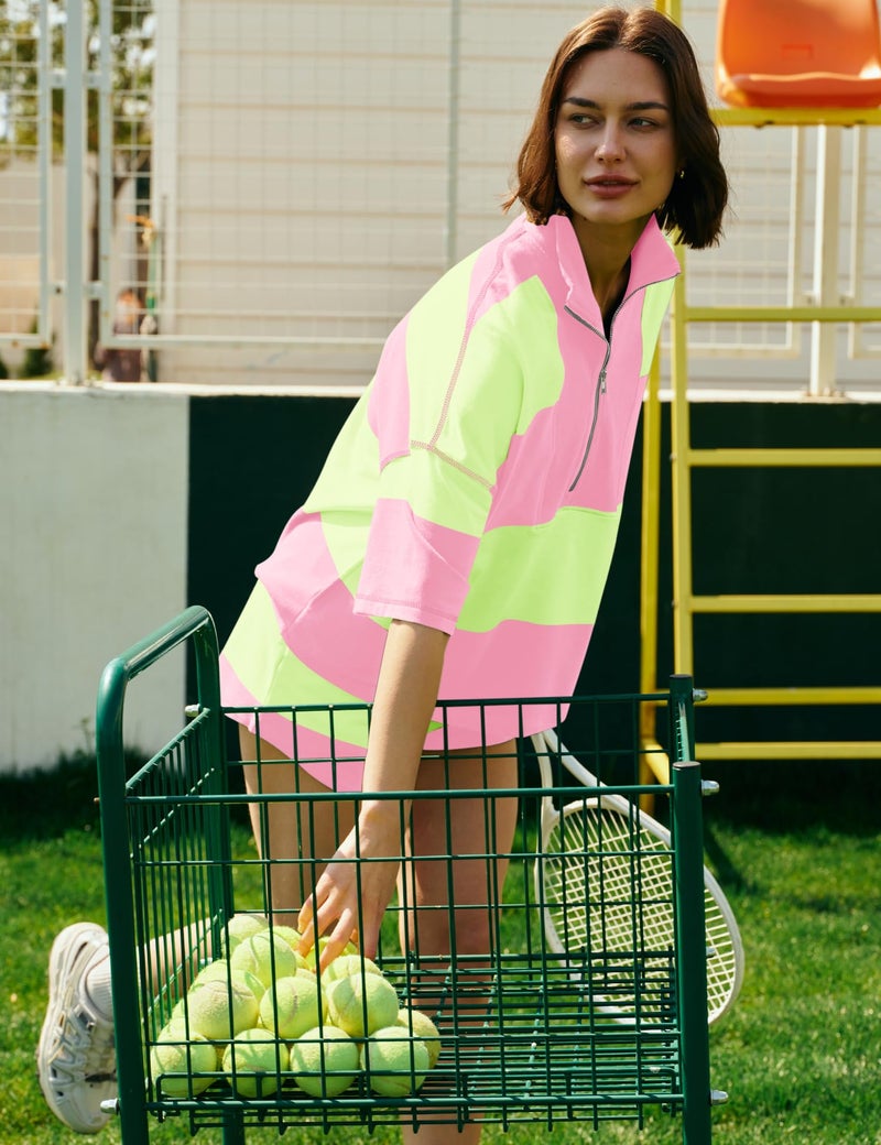 Panadila Women Striped Workout Set Two Piece Outfit Tracksuit Oversized Lounge Set Top and Shorts Sets with Pockets(Green Pink Combo,M) - Image 5