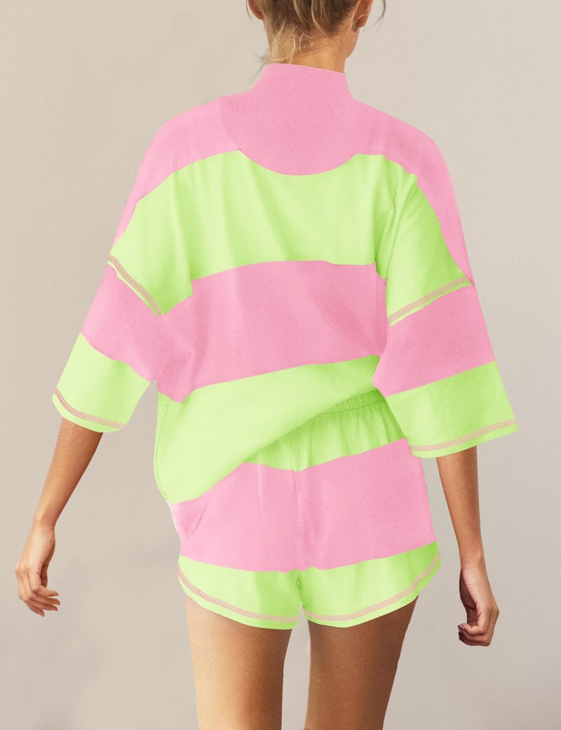 Panadila Women Striped Workout Set Two Piece Outfit Tracksuit Oversized Lounge Set Top and Shorts Sets with Pockets(Green Pink Combo,M) - Image 3