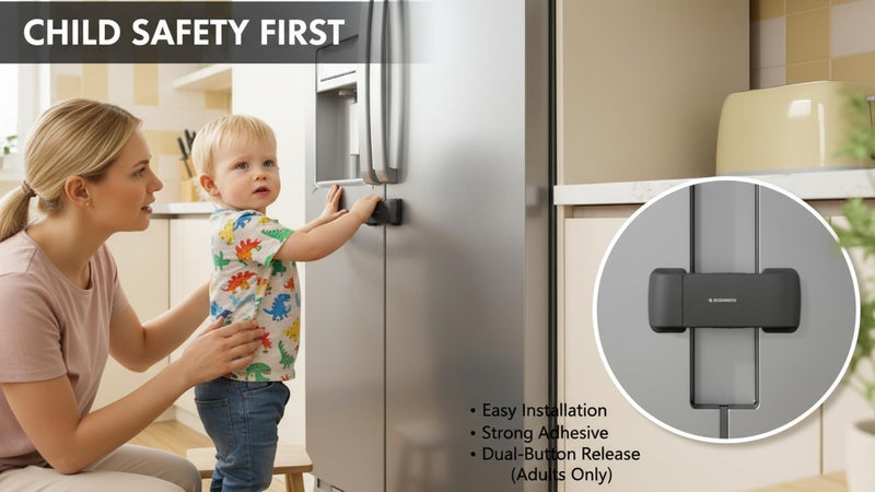 BASEEFY Child Safety Fridge Lock – No Drill Adhesive Lock for French Door & Side-by-Side Refrigerators, Baby Proof EN71-3 Safety Certified, Fits Up to 58mm Gap (Black, 1 Count) - Image 5