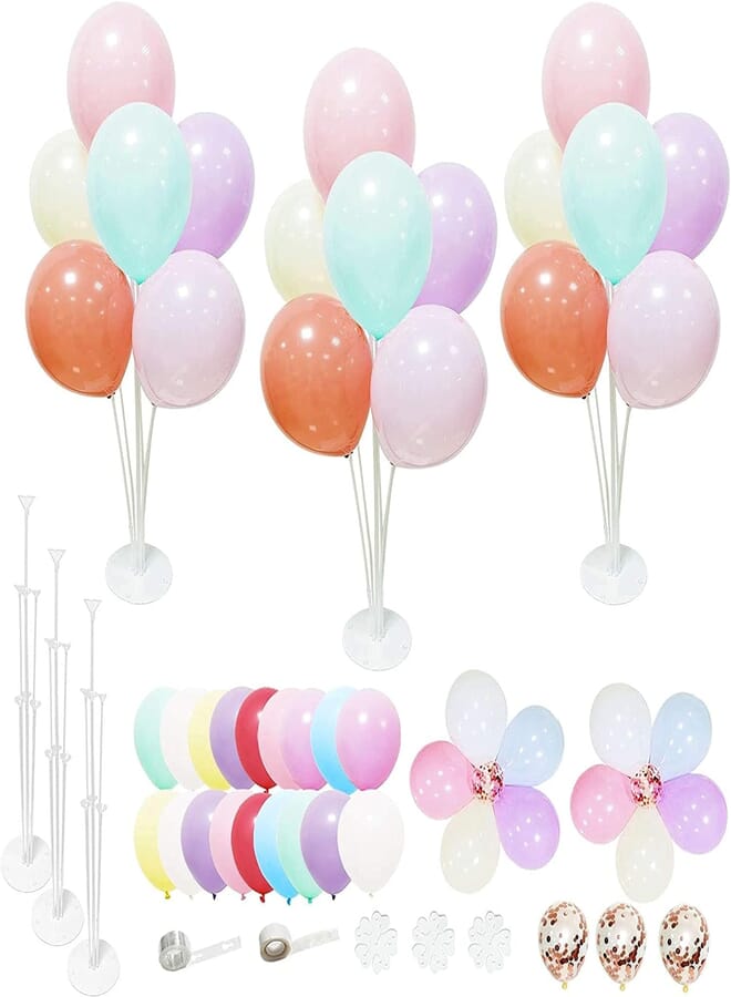 Secret 3 Sets Balloon Table Stand Kit with 21 Balloons for Table Centerpieces Decorations, Reusable Balloon Garland Accessories Including 100 Glue, and 16 feet Arch Strip