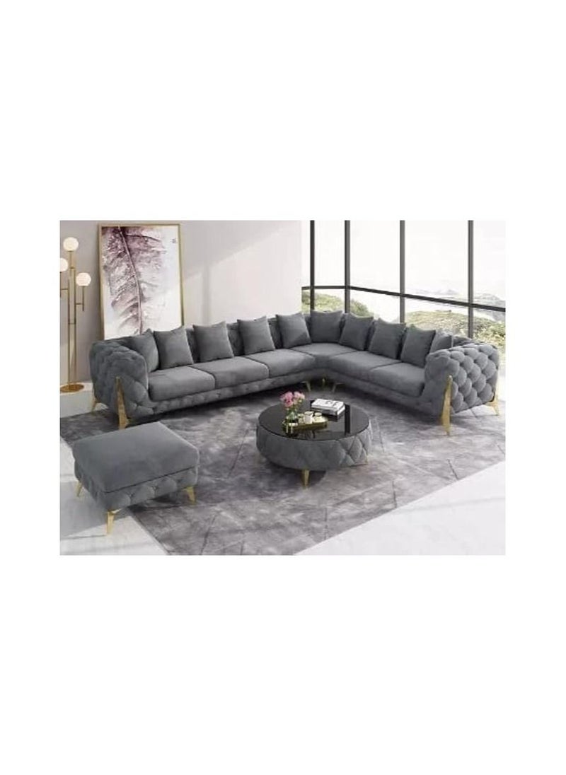 Generic - Luxury traditional velvet L shape chesterfield sofa set, living room furniture with golden legs - Image 1