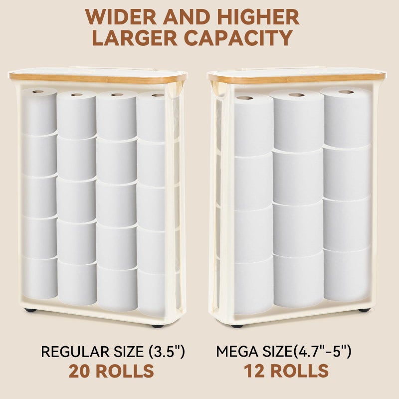 GARPROVM Toilet Paper Storage Basket with Lid, Slim Free Standing Toilet Roll Storage Holder Stand with See Through Window, Holds up to 20 Regular Rolls or 12 Mega Rolls Bathroom Organizer, Beige - Image 3
