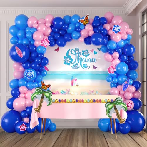kozee Blue and Pink Balloon Garland Arch Kit with Coconut Tree foil balloons ohana Backdrop Hibiscus Flower Paper Card for Summer Hawaii gender reveal Baby shower Hawaii cartoon birthday party decorations - Image 1