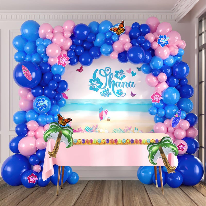 kozee Blue and Pink Balloon Garland Arch Kit with Coconut Tree foil balloons ohana Backdrop Hibiscus Flower Paper Card for Summer Hawaii gender reveal Baby shower Hawaii cartoon birthday party decorations - Image 2