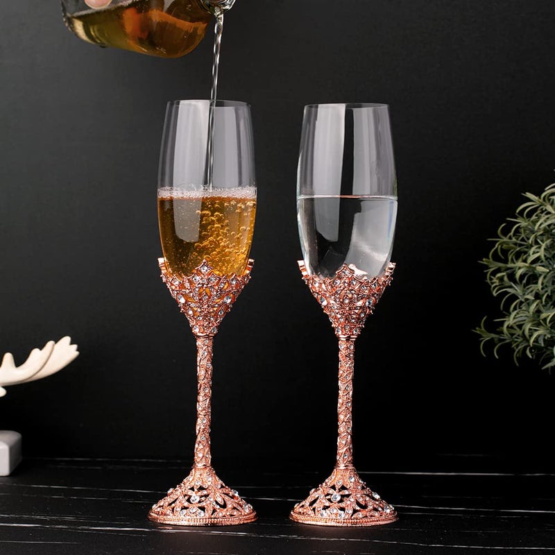 Jozen Gift Rose Gold Champagne Flutes - Crystal Glasses Metal Base With Crystal Stones Set Of 2 Toasting Flute Pair Wedding Anniversary Party Birthday Banquets Gifts For Bride And Groom7Oz - Image 5
