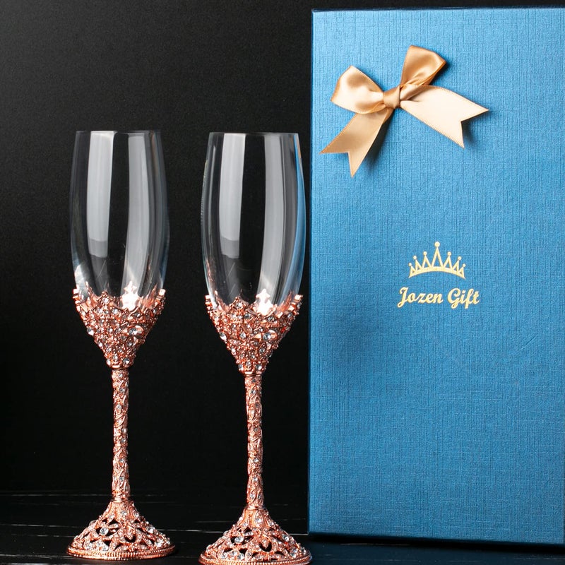 Jozen Gift Rose Gold Champagne Flutes - Crystal Glasses Metal Base With Crystal Stones Set Of 2 Toasting Flute Pair Wedding Anniversary Party Birthday Banquets Gifts For Bride And Groom7Oz - Image 2