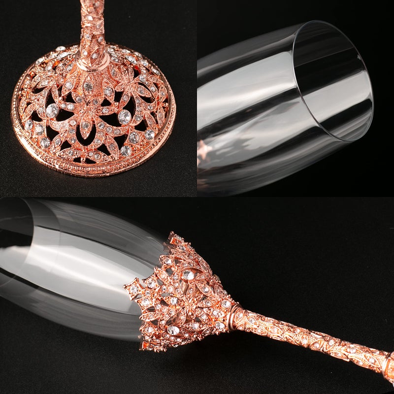 Jozen Gift Rose Gold Champagne Flutes - Crystal Glasses Metal Base With Crystal Stones Set Of 2 Toasting Flute Pair Wedding Anniversary Party Birthday Banquets Gifts For Bride And Groom7Oz - Image 3