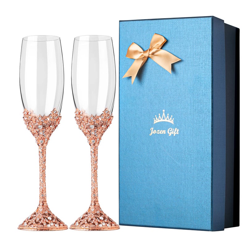 Jozen Gift Rose Gold Champagne Flutes - Crystal Glasses Metal Base With Crystal Stones Set Of 2 Toasting Flute Pair Wedding Anniversary Party Birthday Banquets Gifts For Bride And Groom7Oz - Image 1