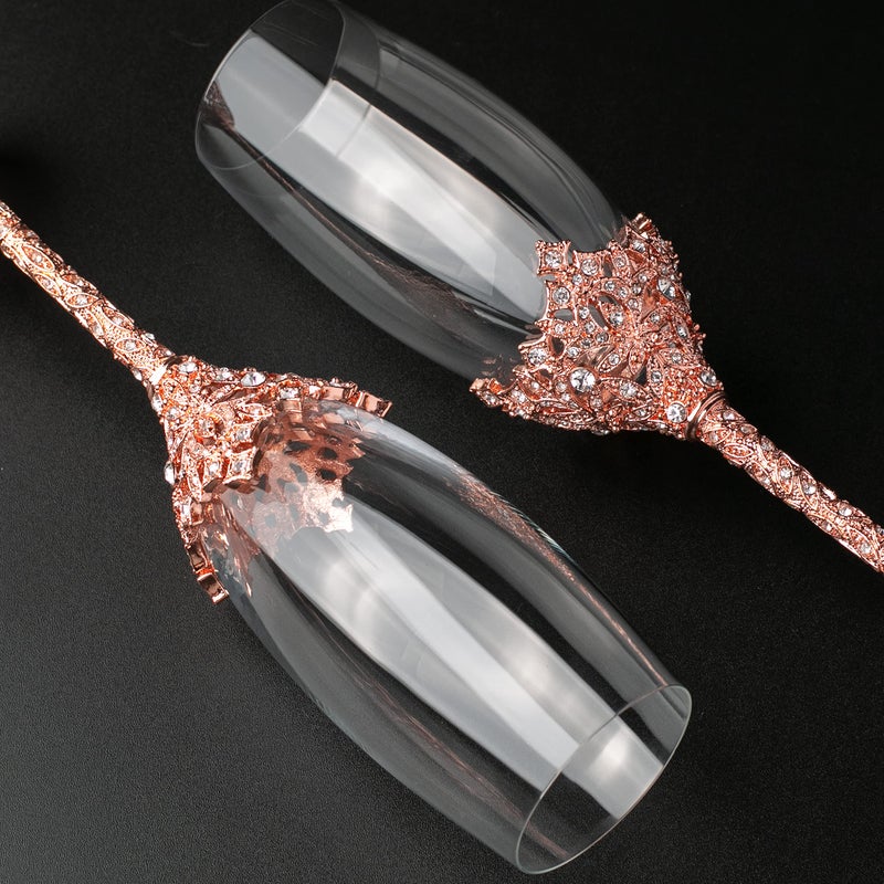 Jozen Gift Rose Gold Champagne Flutes - Crystal Glasses Metal Base With Crystal Stones Set Of 2 Toasting Flute Pair Wedding Anniversary Party Birthday Banquets Gifts For Bride And Groom7Oz - Image 4