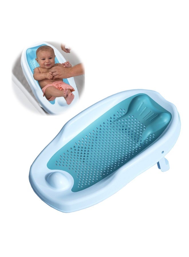 دعم حمام الطفل الأزرق القابل للطي - حمام الطفل TPE غير المنزلق مع تصميم إيرغونومي شبه الرحم ، شبكة على شكل قلب للصرف السريع ، هيكل سلامة 3 نقاط ، مناسب لمدة 0-12 شهرًا. يتضمن مسند رأس مرتفع ومضغوط للطي للحمام المنزلي واستخدام السفر - Image 1