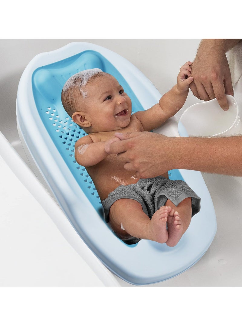دعم حمام الطفل الأزرق القابل للطي - حمام الطفل TPE غير المنزلق مع تصميم إيرغونومي شبه الرحم ، شبكة على شكل قلب للصرف السريع ، هيكل سلامة 3 نقاط ، مناسب لمدة 0-12 شهرًا. يتضمن مسند رأس مرتفع ومضغوط للطي للحمام المنزلي واستخدام السفر - Image 5