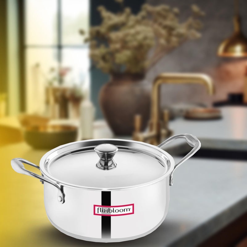 FLIXBLOOM موقد فليكس بلوم فرونتير ثلاثي الفولاذ المقاوم للصدأ مع قاعدة تحريض/صديق لغاز LPG مع غطاء | وعاء صلصة/وعاء مرق/طاجن مع غطاء (هندي) لطهي وتقديم (4.5 لتر) - Image 1
