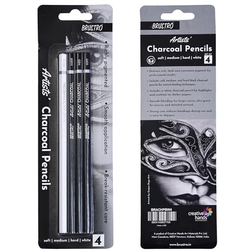 BRUSTRO Artists Charcoal Pencil - Set of 4 (3 Black Shade - Soft, Medium, Hard and 1 White - Medium) | Ideal for Drawing, Shading, Coloring, Sketching, Artwork, Portrait, Landscape, Smooth Blending - Image 1
