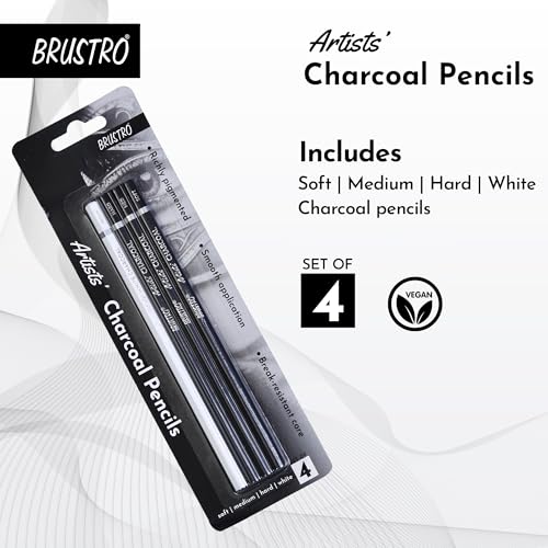 BRUSTRO Artists Charcoal Pencil - Set of 4 (3 Black Shade - Soft, Medium, Hard and 1 White - Medium) | Ideal for Drawing, Shading, Coloring, Sketching, Artwork, Portrait, Landscape, Smooth Blending - Image 2