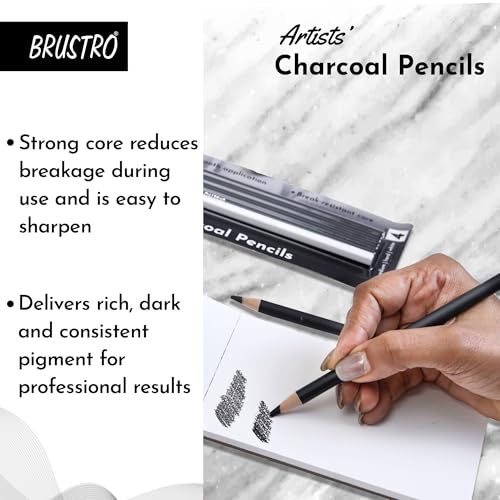 BRUSTRO Artists Charcoal Pencil - Set of 4 (3 Black Shade - Soft, Medium, Hard and 1 White - Medium) | Ideal for Drawing, Shading, Coloring, Sketching, Artwork, Portrait, Landscape, Smooth Blending - Image 4