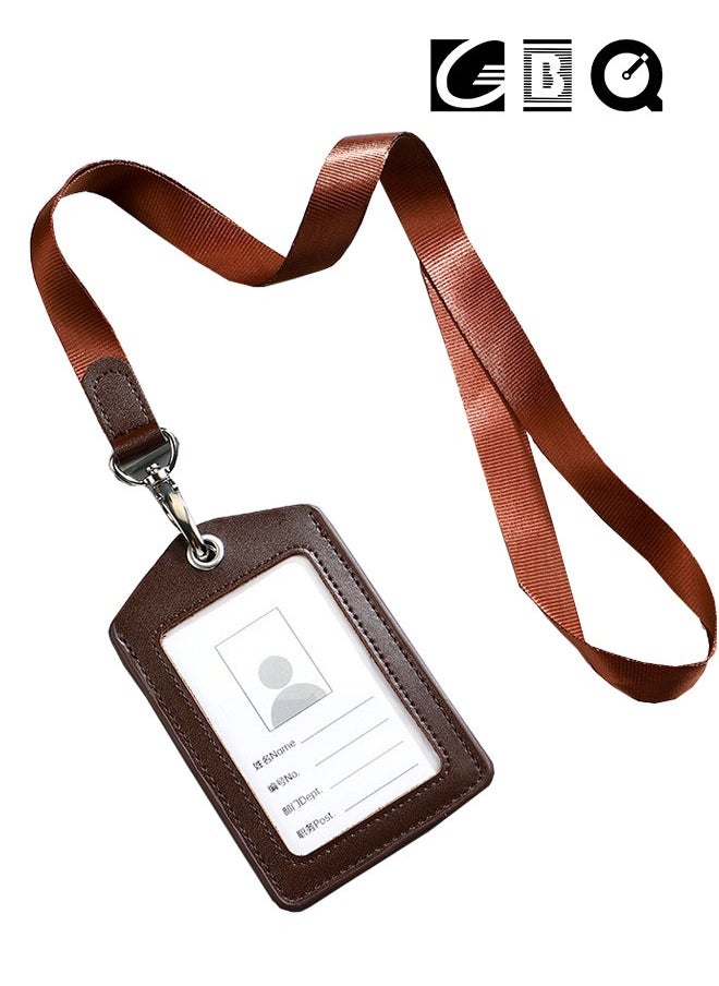 GBQ Double-sided Transparent Leather Work Card Sleeve Staff Work Card Leather Card Cover With Lanyard Work Card Brand Badge Sleeve ID Card Coffee Color  - Image 1