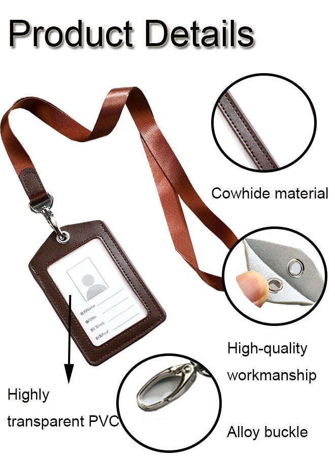 GBQ Double-sided Transparent Leather Work Card Sleeve Staff Work Card Leather Card Cover With Lanyard Work Card Brand Badge Sleeve ID Card Coffee Color  - Image 3