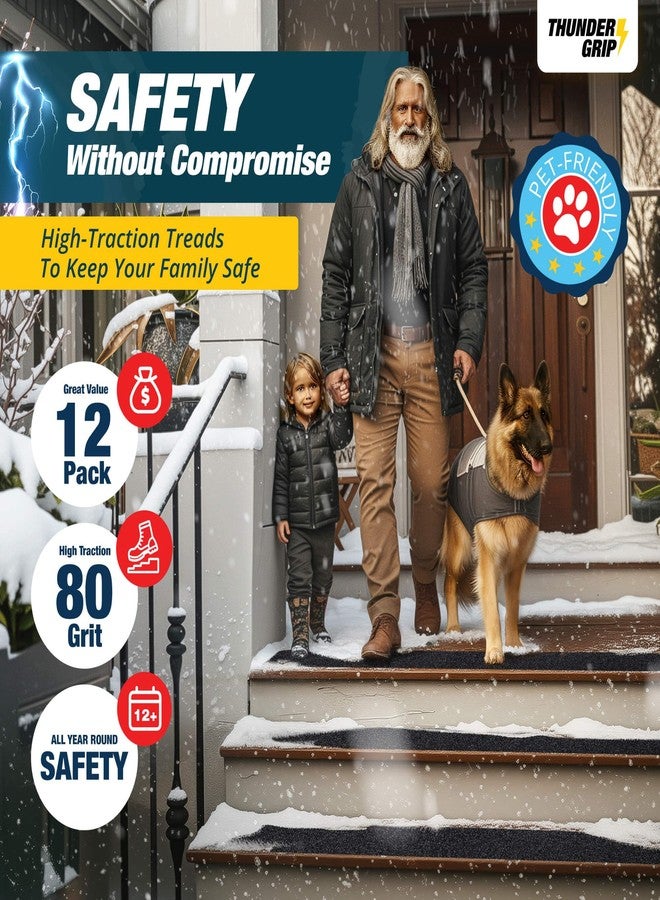 THUNDER GRIP دواسات خارجية مانعة للانزلاق للسلالم، مقاس 30 بوصة × 6 بوصات - عبوة من 12 قطعة، شريط لاصق مقاوم للعوامل الجوية للسلالم الخشبية، دواسات مانعة للانزلاق، شرائط مانعة للانزلاق، لاصق مقاوم للماء بدرجة خشونة 80 - Image 2