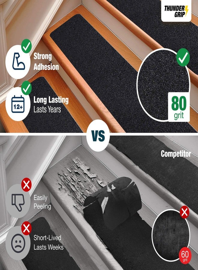 THUNDER GRIP دواسات خارجية مانعة للانزلاق للسلالم، مقاس 30 بوصة × 6 بوصات - عبوة من 12 قطعة، شريط لاصق مقاوم للعوامل الجوية للسلالم الخشبية، دواسات مانعة للانزلاق، شرائط مانعة للانزلاق، لاصق مقاوم للماء بدرجة خشونة 80 - Image 4